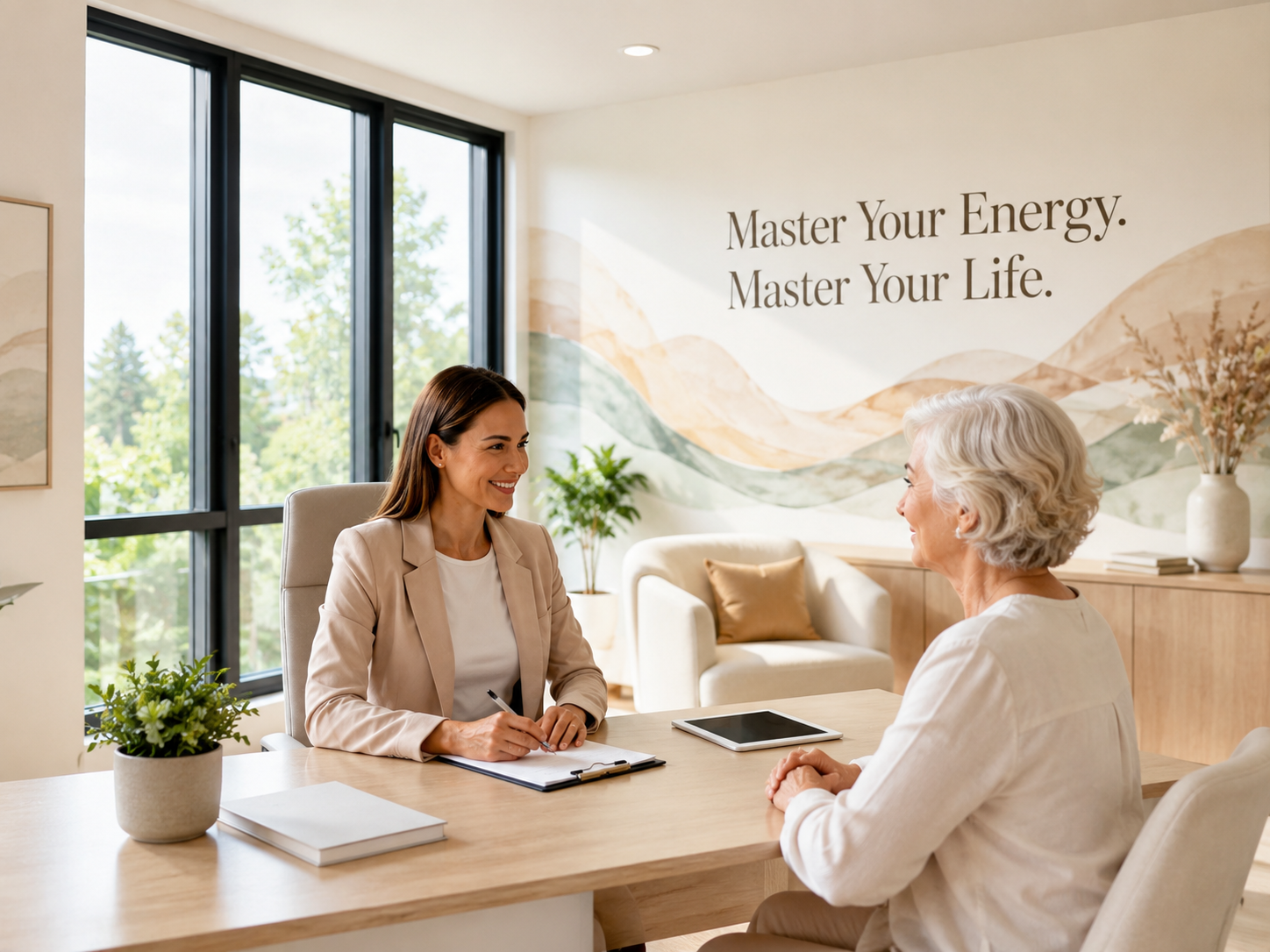 A practitioner and client in consultation, with 'Master Your Energy. Master Your Life.' on the wall behind them