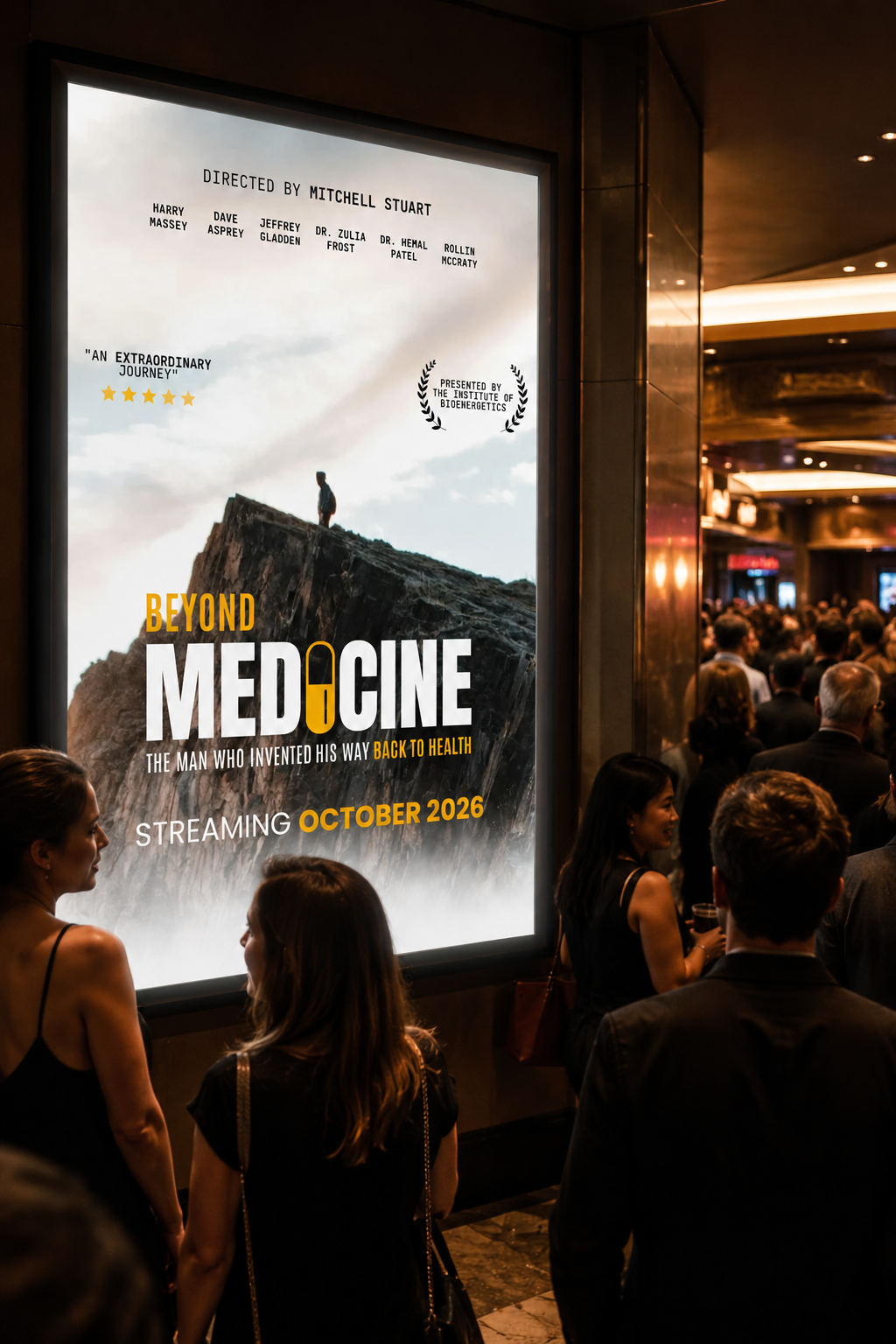 Beyond Medicine — the Energy4Life film, streaming October 2026, on display outside a packed theater