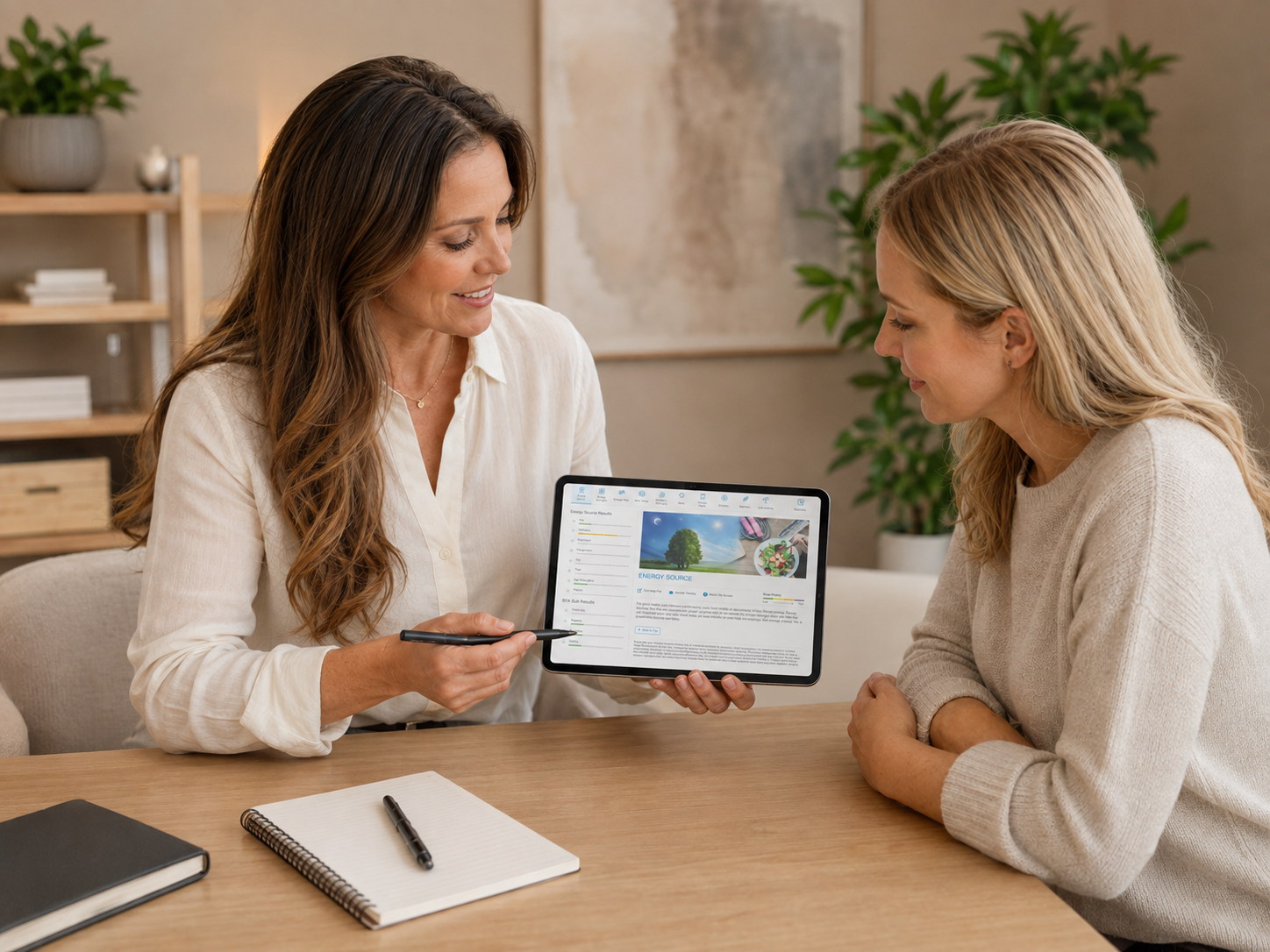 Two practitioners reviewing results together on a tablet — the kind of consultative, education-first conversation this role is built on
